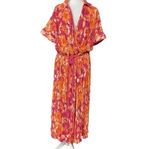 Kathy Ireland Dress Womens 1X Pink Orange Floral Pleated Midi Belted Boho V Neck